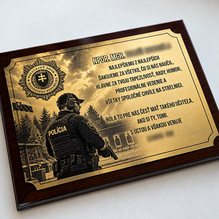 zlatá plaketa Polícia s ilustráciou strelca