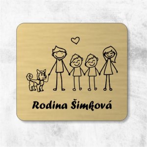 Menovka na dvere rodičia a chlapci dvojičky so psíkom